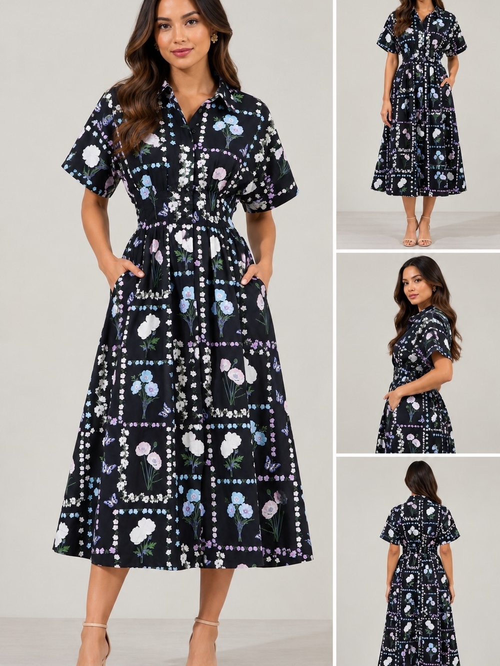 Sugarlips Black Floral Midi Shirt Dress